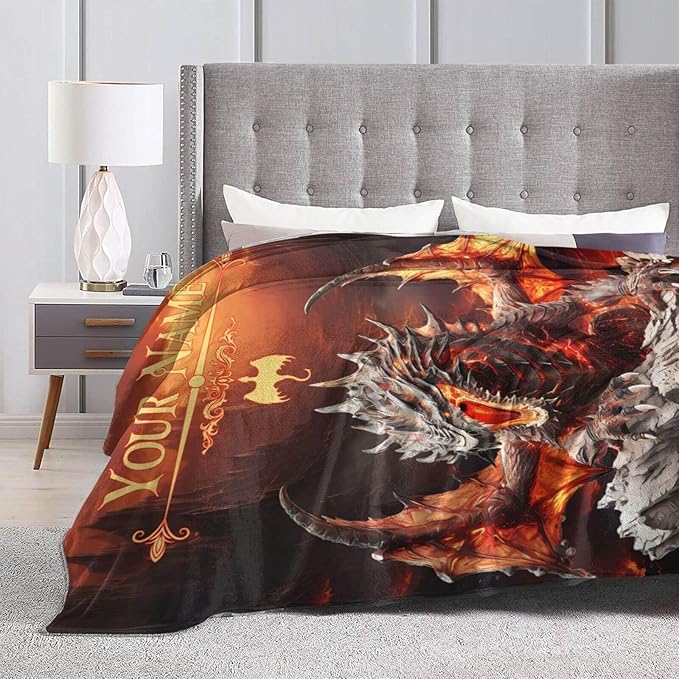 Custom Dragon Blanket with Name for Women Men, Personalized Cute Dragon Themed Design Printed Throw Blankets for Teens Adults Lap, Chair Sofa, Giftable Blanket, 50"x 60"