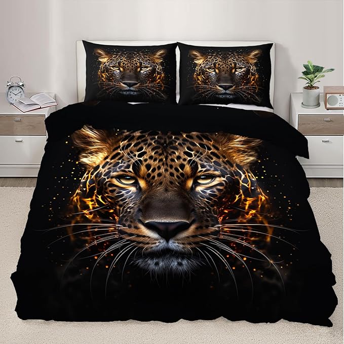 Tiger Duvet Cover Twin Size, Cheetah Bedding Set 2 Piece Kids and Adults Abstract Animal Comforter Cover and 1 Pillow Sham with Zipper Closure