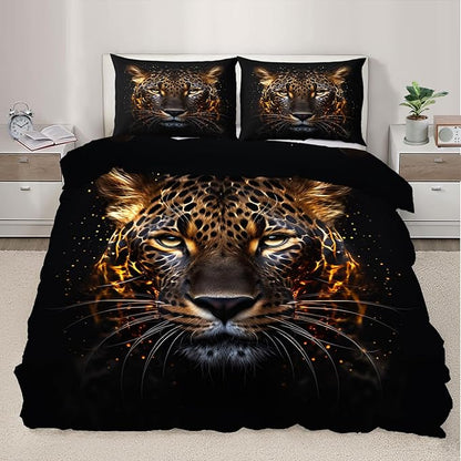 Tiger Duvet Cover Full Size, Cheetah Bedding Set 3 Piece Bedroom Decor Abstract Animal Comforter Cover and 2 Pillow Sham with Zipper Closure