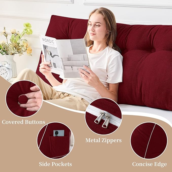 Sasttie Headboard Pillow Full, Wedge Pillow Headboard for Sitting Up in Bed, Back-Rest Support Triangular Cushion for Reading - Features Removable Washable Cover, Wine