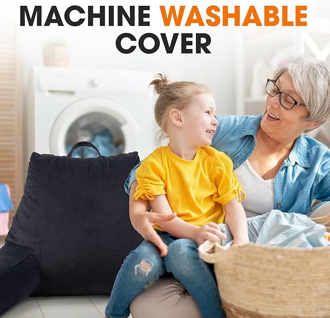 Cheer Collection Reading Pillow with Arms – Portable Bed Pillow for Sitting Up & Support, Foam-Filled Back Rest Pillow for Sitting in Bed & Couch, Machine Washable, Black
