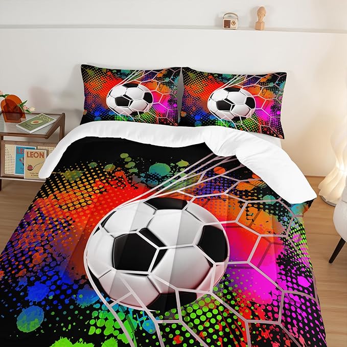 Soccer Bedding Set Queen Size,Sports Comforter Sets for Boys,Football Rushing Out of The Goal Pattern Bedding Sets for Kids Room Decor,Watercolor Tie Dye Bed Comforter Sets with 2 Pillowcases.