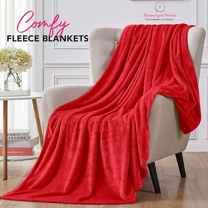 Personalized Blankets for Adults - Custom Blanket with Embroidered Name or Monogram - Soft Fleece Throw Cover for Bed & Couch - Red (60"x80")