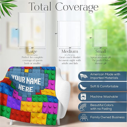 Personalized Throw Blanket for Boys and Girls | Custom Name | Compatible | Soft Warm Bedding | Room Decor or Bed Cover | Couch Blanket | Creative Colorful Building Blocks (Fleece, 50x60)