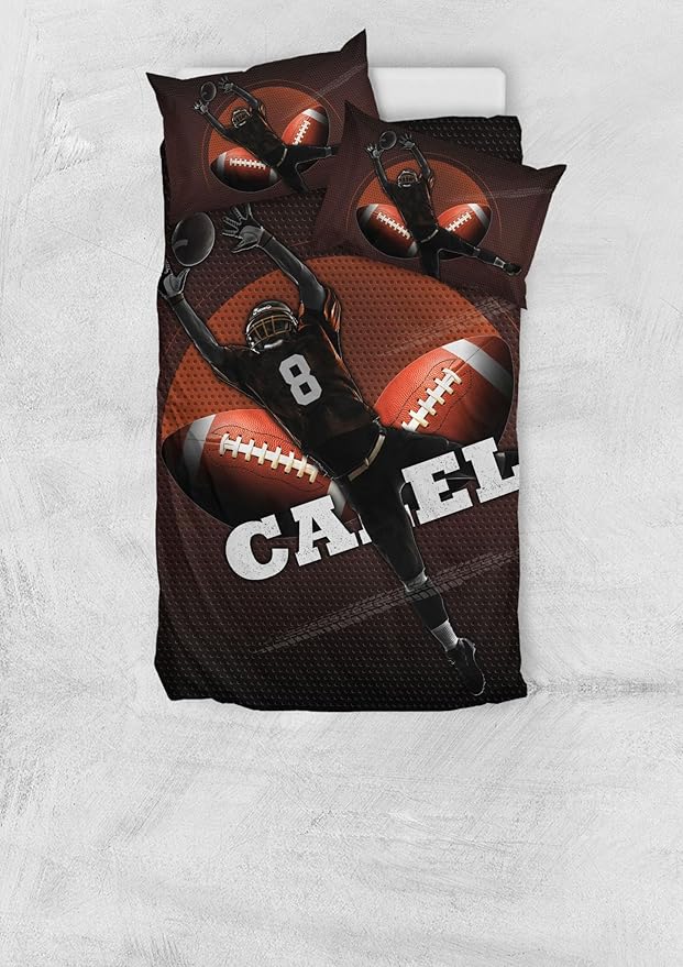 Personalized American Football Bedding Set, Kids 3 Piece Duvet Cover Set with Pillow Shams for Teens Boys, NO Comforter, Twin Size for Rugby Lovers (Football 11)