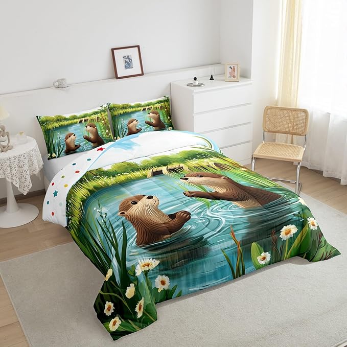 Cute Otter Comforter Set Full Size 3 Pcs Cartoon Pond Brown Wild Animal Bedding Sets for Kids Boys Girls Teens Natural Green Plants Floral Rustic Style Comforter Duvet Set with 2 Pillowcases