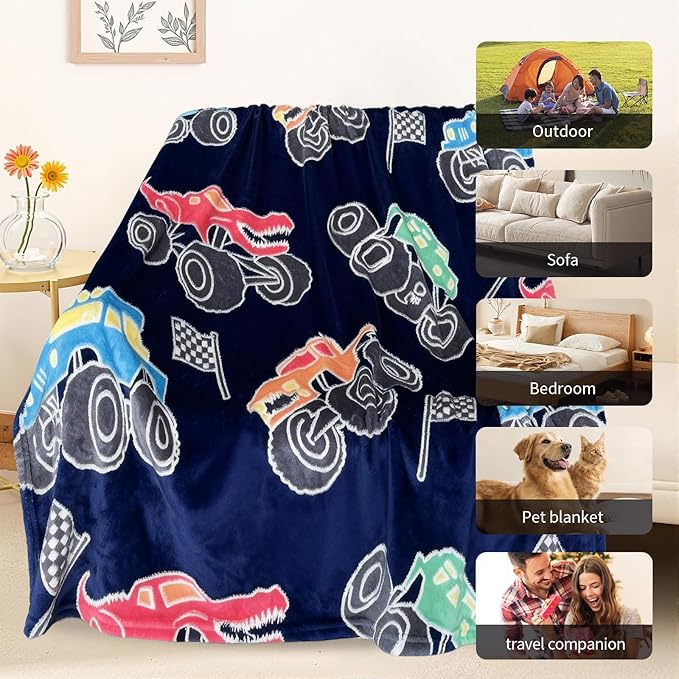 TEHALK Monster Truck Blanket for Boys/Girls/Kids/Toddler/Baby, Monster Truck Toys for Boys Age 3-12, Car Blanket for Birthday/Unique Gifts 40"x 60"