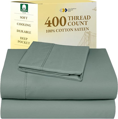 California Design Den Twin XL Sheet Sets - Soft 400 Thread Count Sateen, Natural 100% Cotton Sheets Set with Deep Pockets, and Durable Bedding - Sage Green