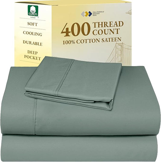 California Design Den Twin XL Sheet Sets - Soft 400 Thread Count Sateen, Natural 100% Cotton Sheets Set with Deep Pockets, and Durable Bedding - Sage Green