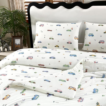 SDIII Cute Cars Comforter Set Queen 3 Pieces, Silky Breathable Microfiber and Spandex, Cartoon Cars Bedding Queen Size for Boys Girls Kids and Teens
