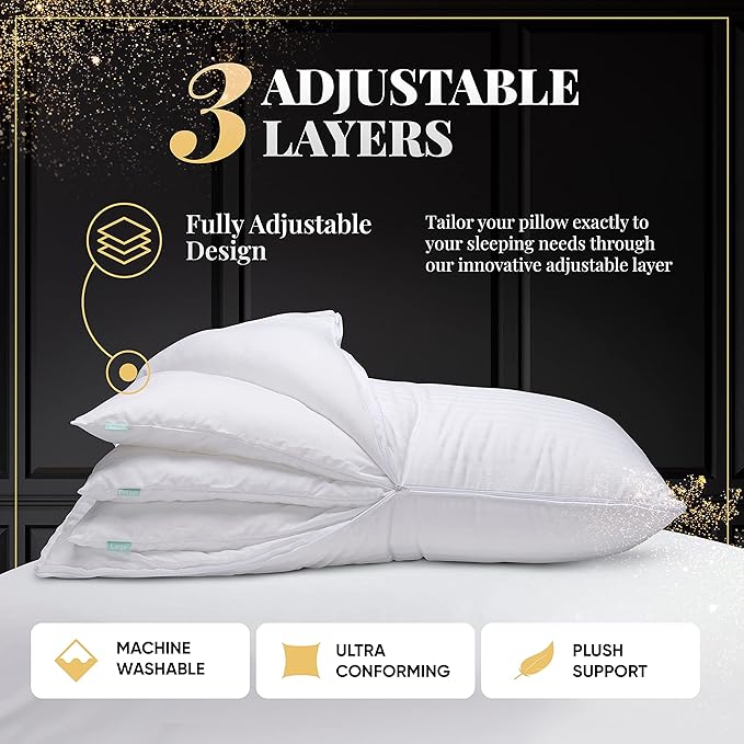EverSnug Adjustable Layer Luxury Set of 2 Pillows for Side, Front & Back Sleepers, Cooling Hotel Pillows with 3 Layers, Down Alternative Pillow for Sleeping, Neck & Back Support (Standard)