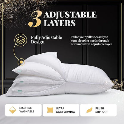 EverSnug Adjustable Layer Luxury Set of 2 Pillows for Side, Front & Back Sleepers, Cooling Hotel Pillows with 3 Layers, Goose Feather Pillow for Sleeping, Neck & Back Support (Queen)