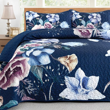 Drucon Blue Floral Quilt Set Queen Size 3 Pieces Blue Botanical Flower Quilt Coverlet Set Soft Microfiber Lightweight Quilted Bedspread for All Season 90"x96"