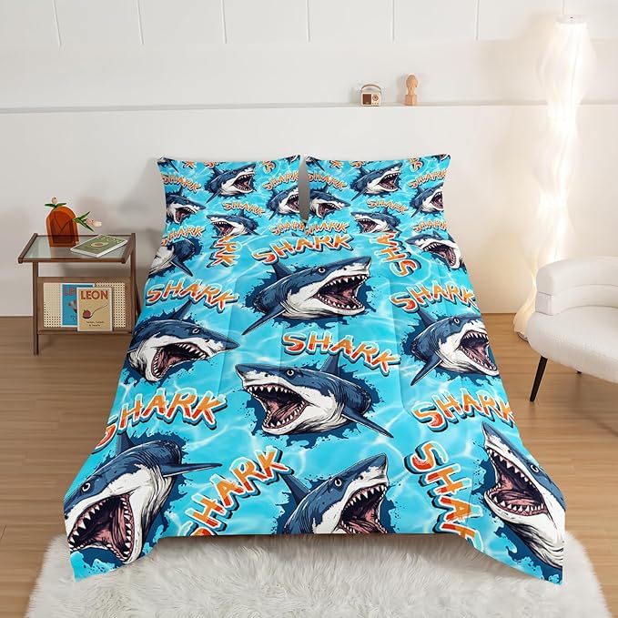 HOSIMA Shark Comforter Set Queen Size,Ocean Theme Bedding Set for Kids Boys,3D Shark Pattern Nautical Comforter Set,Sea Animal Theme Ocean Decor Bedroom Collection with 2 Pillowcases.