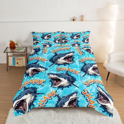 HOSIMA Shark Comforter Set Twin Size,Ocean Theme Bedding Set for Kids Boys,3D Shark Pattern Nautical Comforter Set,Sea Animal Theme Ocean Decor Bedroom Collection with 2 Pillowcases.