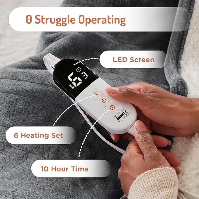 Degrees of Comfort Electric Throw Blanket Full Size - Soft Sherpa Heating Blankets with 6 Heat Settings, 10-Hour Auto Shut-Off, Overheat Protection, Etl Certified (Grey, 72x84 '' for Winter)