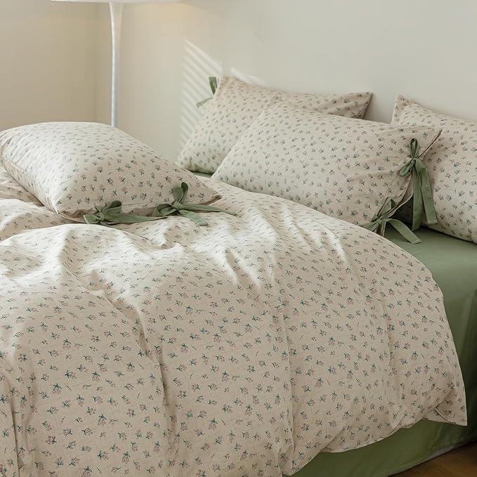 AOJIM Green Floral Print Bedding Duvet Cover Full Size Vintage Style, 100% Cotton Comforter Cover Set 3pcs for Room Decor, 1 Soft Quilt Cover 80x90'' and 2 Pillowcases 20x26'' with Bow Ties, No Duvet