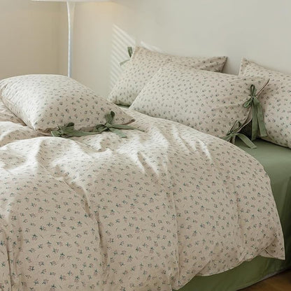AOJIM Green Floral Print Bedding Duvet Cover Full Size Vintage Style, 100% Cotton Comforter Cover Set 3pcs for Room Decor, 1 Soft Quilt Cover 80x90'' and 2 Pillowcases 20x26'' with Bow Ties, No Duvet