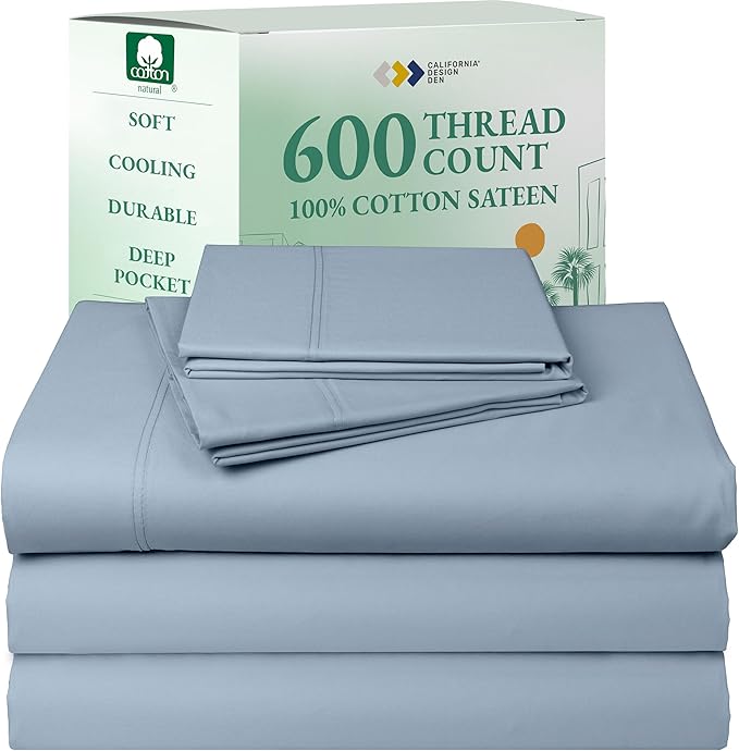 California Design Den Split King Sheet Set - 100% Cotton, 600 Thread Count, Breathable Luxury King Size Sheets for Adjustable Bed, Luxury Hotel-Quality Sheets with Soft Sateen Weave - Blue
