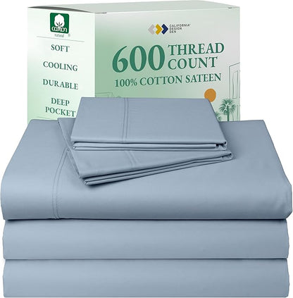California Design Den Split King Sheet Set - 100% Cotton, 600 Thread Count, Breathable Luxury King Size Sheets for Adjustable Bed, Luxury Hotel-Quality Sheets with Soft Sateen Weave - Blue