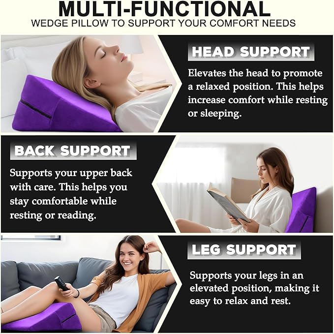 sokoro Bed Wedge Pillow for Sleeping, Triangle Pillow Wedge, Acid Reflux, Gerd, After Surgery, Back Support, Body Positioners for Pregnancy, Adults, Seniors to Elevate Head, Knee, Leg, Purple