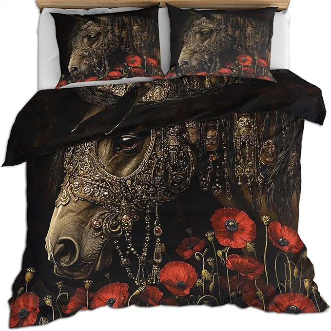 Horse Duvet Cover Twin Vintage Rural Horse Bedding Set 2 Piece for Kids Decor Red Poppy Flowers Comforter Cover and 1 Pillow Sham with Zipper Closure