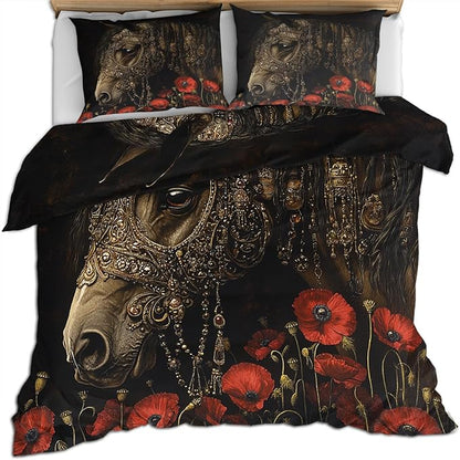 Horse Duvet Cover Twin Vintage Rural Horse Bedding Set 2 Piece for Kids Decor Red Poppy Flowers Comforter Cover and 1 Pillow Sham with Zipper Closure