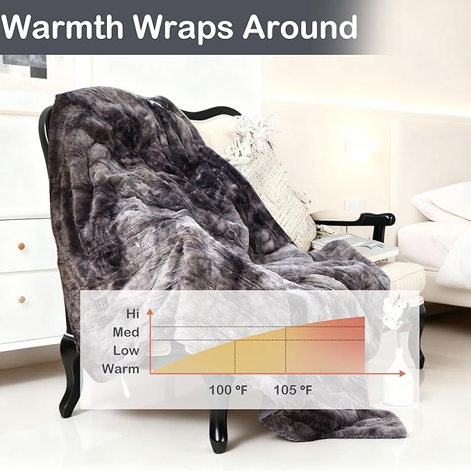 Electric Heated Blanket Throw Size 50" x 60", Super Cozy Warmth Soft with 4 Heating Levels & 4 Hours Auto Off, Plush Faux Fur, Machine Washable, Home Office Use, Gradient Gray