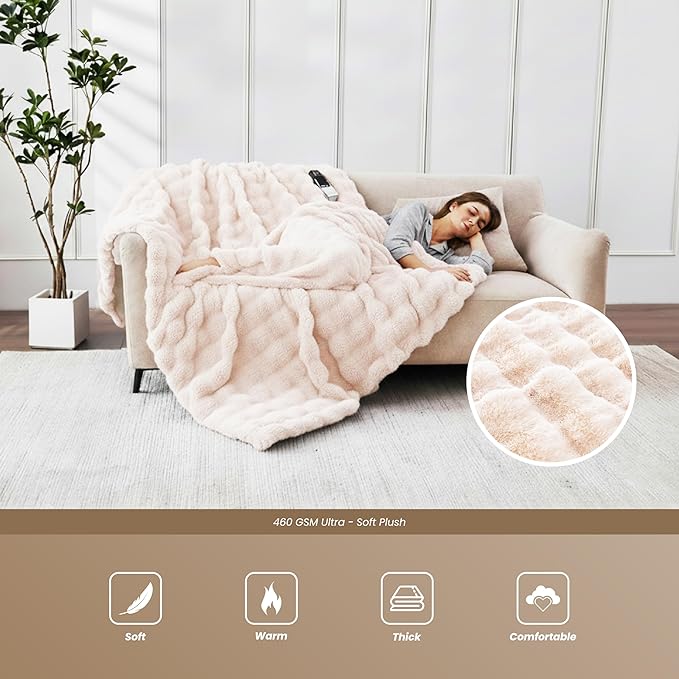 Heated Blanket Twin 62''x 84'', Fast Heating Electric Blanket Ultra-Soft Faux Rabbit Fur with 5 Heat Levels & 5H Auto Shut-Off, Overheat Protection, Machine Washable