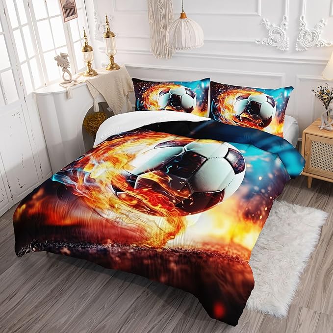 Kids Comforter Set Colorful Flame Soccer Printed Pattern Bedding Set with 1 Comforter and 2 Pillowcases for Girls Boys Bedroom All Season(B-Colorful Flame Soccer Full)