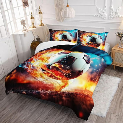 Kids Comforter Set Colorful Flame Soccer Printed Pattern Bedding Set with 1 Comforter and 2 Pillowcases for Girls Boys Bedroom All Season(B-Colorful Flame Soccer Full)