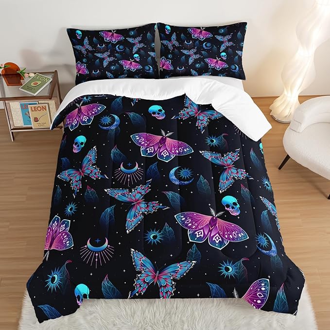 HOSIMA Halloween Full Size Comforter Sets Skull Butterfly Bed Set,Goth Bedding Set Black Comforter Full Size Bed in a Bag for Adults Boys Girls Halloween Room Decor Dark Academia Bedding.