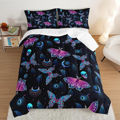 HOSIMA Halloween King Size Comforter Set,Goth Bedding Set Black Comforter Skull Butterfly Bed in a Bag King Size for Adults Boys Girls Halloween Room Decor Dark Academia Bedding.