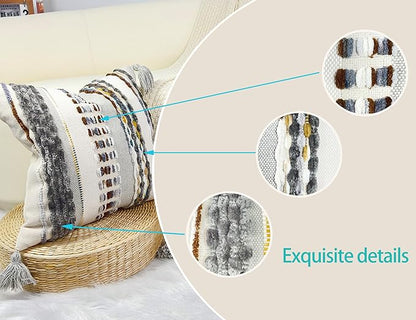 Boho Throw Pillow Covers 16x16 Aesthetic Neutral Boucle Couch Pillow Cover Rainbow Striped Decorative Accent Pillow Case for Couch Bed Sofa Farmhouse,Modern Funky,Set of 2 Brown-Grey