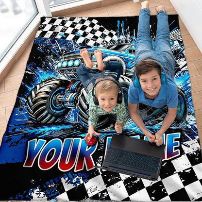 Boys Blanket Gifts Personalized Truck Blankets for Kids Teens Adults - 60" x 80" Custom Name Cool Car Themed Soft Lightweight Flannel Throws for Couch, Sofa, Bedroom Decor (Blue)