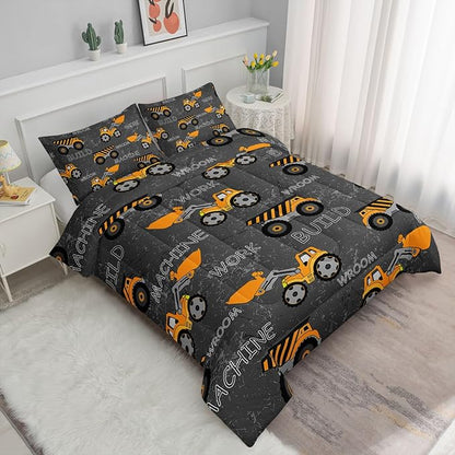 Truck Comforter Set Excavator Engineering Vehicle Printed Bedding Set with 1 Comforter and 2 Pillowcases for Boys and Girls Bedroom All Season(Truck-3 Queen)