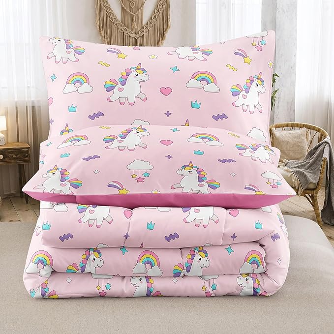 Peopleareok Unicorn Comforter Set Full(79x90 Inch), 3 Piece Cute Pink Unicorn Print Comforter, Kids Cartoon Kawaii Comforter for Girls Bedroom Decor All Season