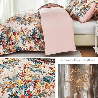 URBONUR Floral Duvet Cover Set Full Size 3 Pieces 100% Cotton Silky Sateen Wildflowers Comforter Cover with 2 Pillowcases Soft & Breathable Bedding Sets