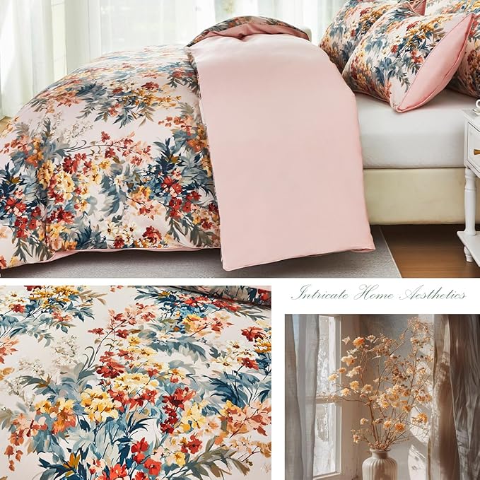 URBONUR Floral Duvet Cover Set Twin Size 3 Pieces 100% Cotton Silky Sateen Wildflowers Comforter Cover with 2 Pillowcases Soft & Breathable Bedding Sets