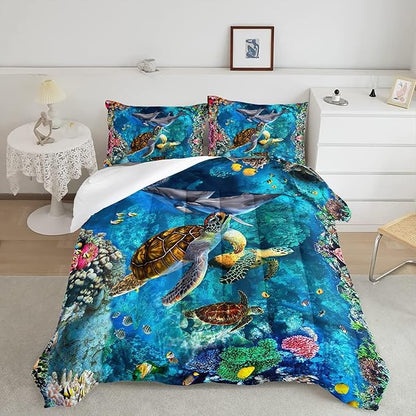 CVHOUSE Sea Turtle Comforter Set King - Ocean Lovers, Turtle Beach Bedding Set with 3 Pcs: 1 Comforter, 2 Pillowcases