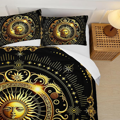 Black and Gold Full Size Sun and Moon Comforter Set，Quilts Full Size Bedding Sets Sun Moon，with 1 Comforter with 2 Pillow Case