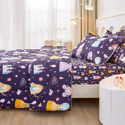 Mooreeke Twin Size Comforter Sets for Girls Kids, 6 Pieces Bed in a Bag Castle Princess Bedding Comforter Sheet Set with Shams and Decorative Toy Pillow, Ultral Soft Microfiber Kids Bed Set