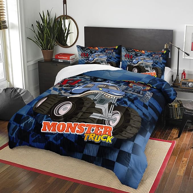 AILONEN Truck Comforter Set Queen Size, 3D Monster Truck on Blue Background Theme Bedding Set for Kids Boys Girls All Season,Soft Microfiber,3 Pieces,1 Quilt and 2 Pillowcases