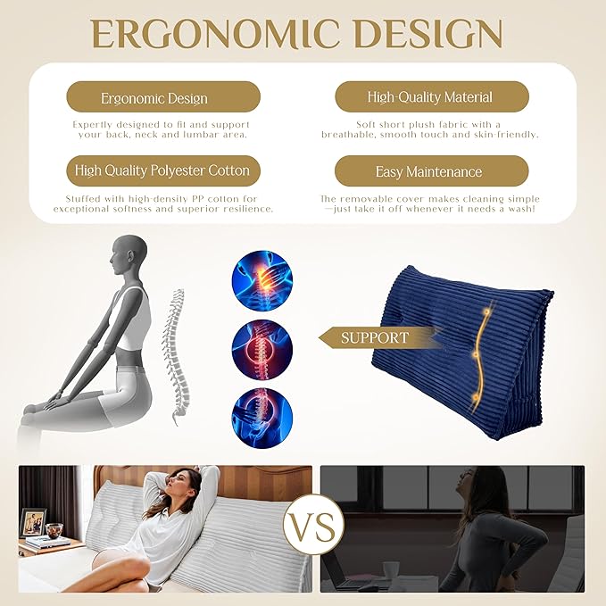 Headboard Wedge Pillow, Large Triangular Reading Pillow for Bed, Backrest Support Bolster for Sitting Up, Long Bed Rest Pillow with Removable Cover