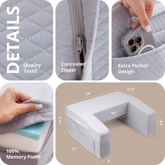 Gaming Lap Desk Pillow – Large 24″ Flat Surface Laptop Pillow for Couch & Sofa – Reading Pillow for Working – 2 Washable Pillowcases, Side Pockets, High Density Foam Arm Rest Bed Desk