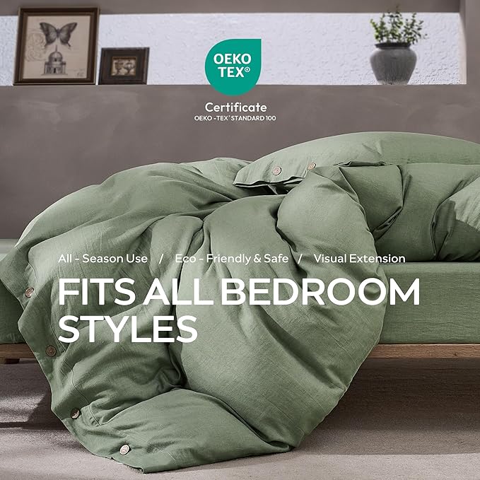 JELLYMONI Cotton Duvet Cover King Size - Sage Green Comforter Cover with Button 100% Washed Cotton 3PCS Breathable Soft Solid Bedding Set Duvet Cover 104×90in & 2 Pillowcases (NO Comforter)