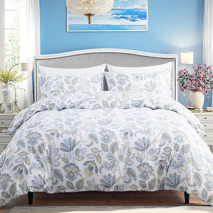 Blue Floral Duvet Cover Queen Size 100% Cotton Botanical Coquette Comforter Cover 3 Pieces Soft & Breathable French Style Duvet Cover with Zipper Closure