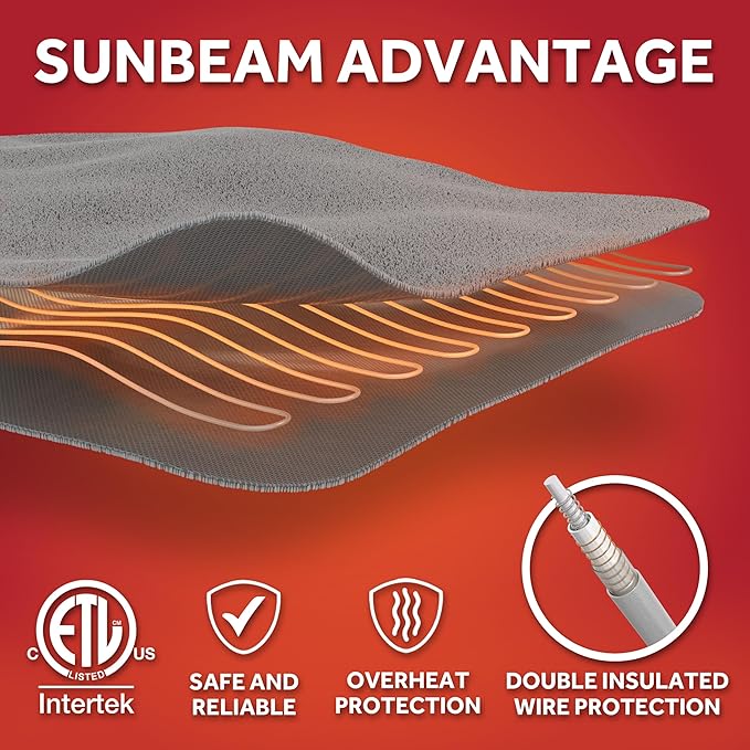 Sunbeam Electric Royal Luxe Microplush Heated Blanket, 12 Heat Settings, 12-Hour Auto Shut-Off, Fast Heating, Warm & Cozy, Machine Washable, Dove Gray Color, Queen (90" x 84")