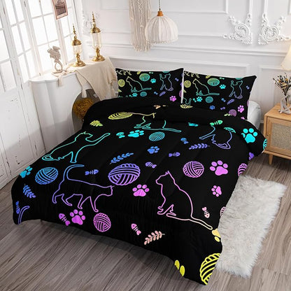 Axolotl Neon Cat Bedding Comforter Set King,Cartoon Cats Bedding Paw Ball of Yarn,Colorful Gradient Line Cats Kids Bed Set for Cat Lover Girls Boys Adults,Cartoon Animal Comforter with 2 Pillow Cases