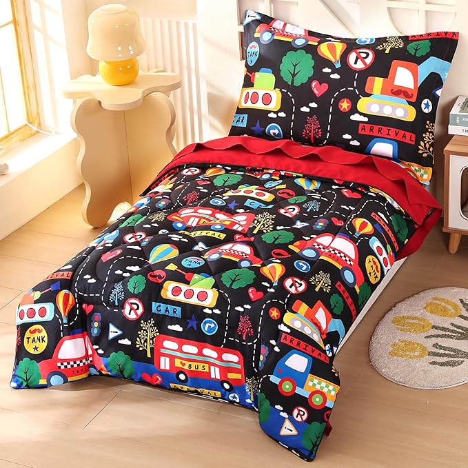 Wowelife Toddler Bedding Set 4 Piece Black Toddler Bed Set with Comforter, Flat Sheet, Fitted Sheet and Pillowcase(Black Transportation)